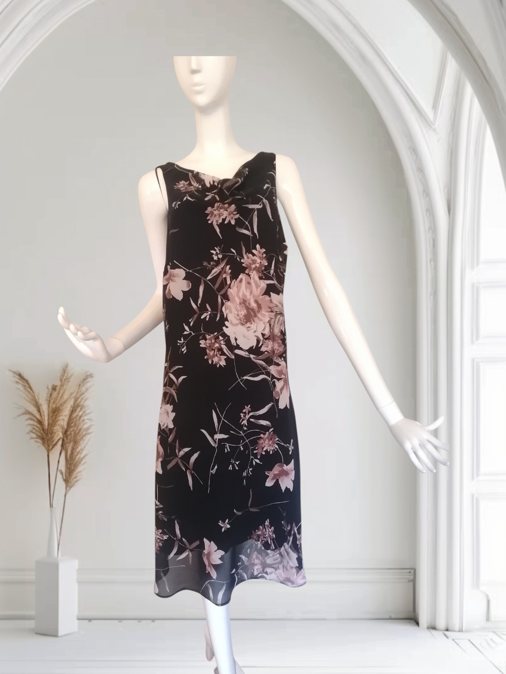 Black Floral Midi Dress with Blush Pink Blooms